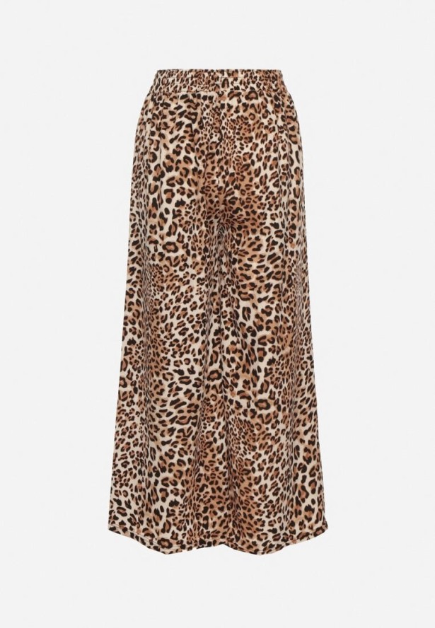 Beżowo-Brązowe Spodnie o Szerokim Kroju z Gumką w Talii w Panterkę Filassena