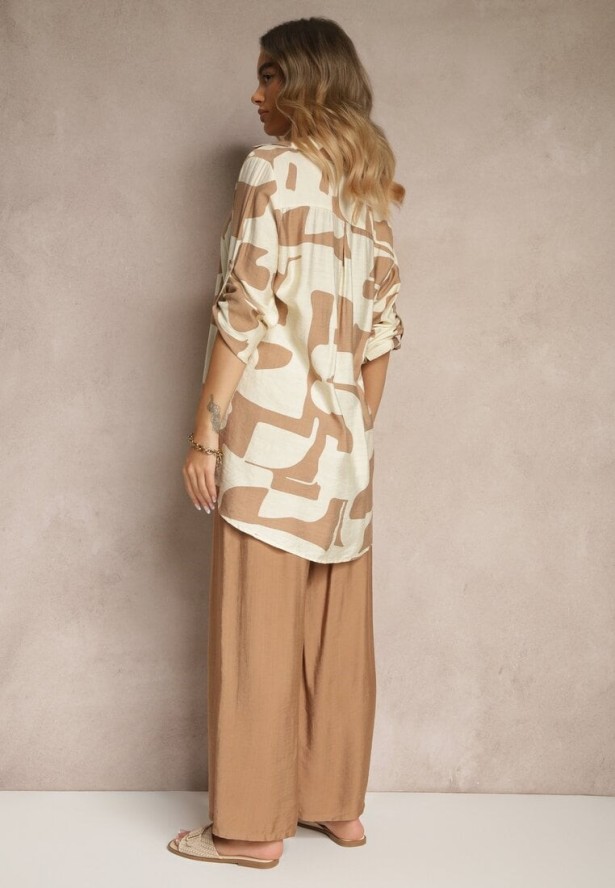 Jasnobeżowy Komplet z Wiskozą Spodnie i Koszula w Geometryczny Wzór Rinaloria