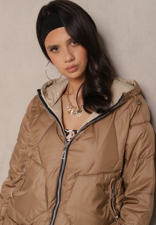 Ciemnobeżowa Pikowana Kurtka Dwustronna z Kapturem Eravinea