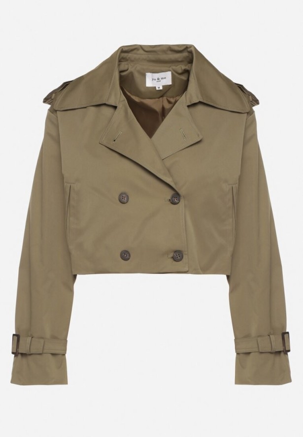 Ciemnozielona Kurtka Dwurzędowa w Stylu Krótkiego Trencza z Wiskozy i Bawełny Tirdexis