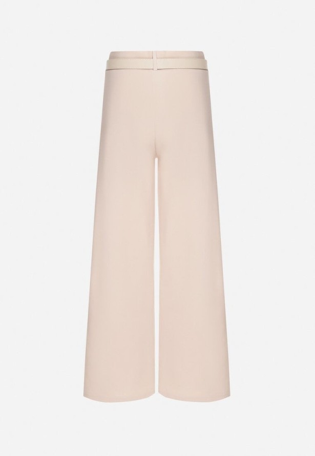 Beżowe Spodnie Garniturowe z Wysokim Stanem Gumką w Pasie i Dodatkowym Paskiem Fariatta