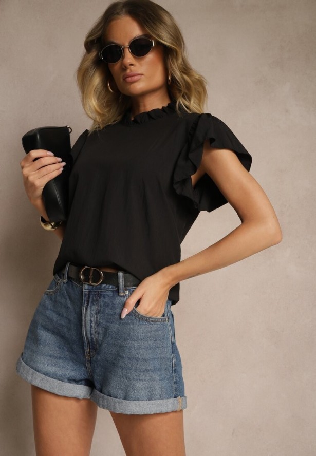 Czarna Bluzka z Wiskozą i Falbankami Greloiti