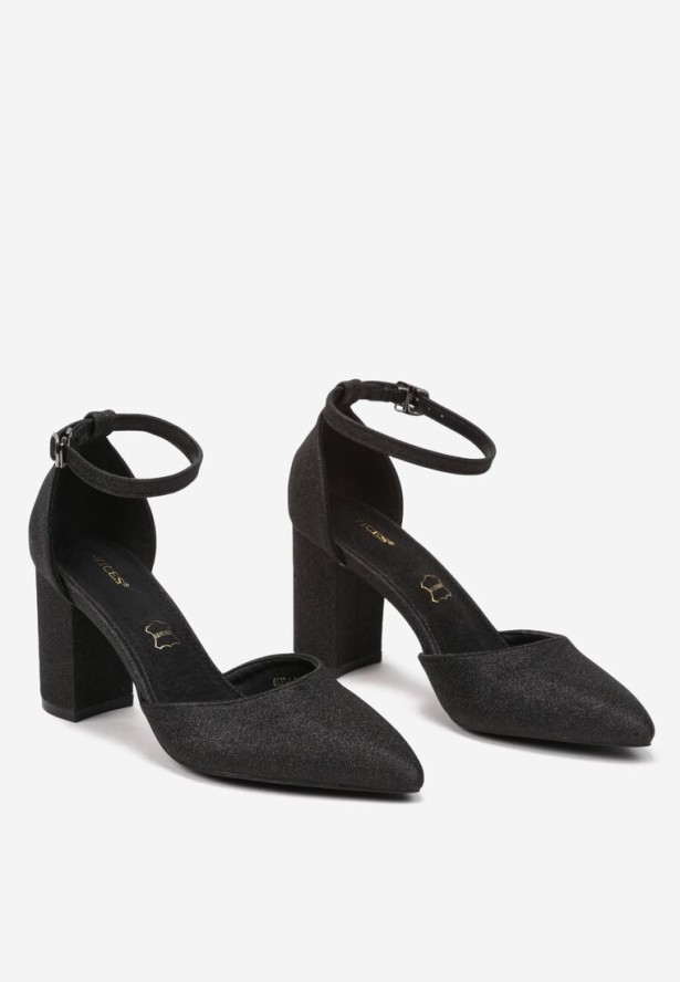 Czarne Brokatowe Czółenka Vices na Obcasie z Wkładką ze Skóry Naturalnej Rialivia