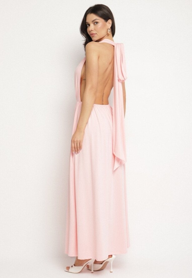 Różowa Koktajlowa Sukienka Multiway z Wiskozą i Wiązaniem na Szyi Lilazza