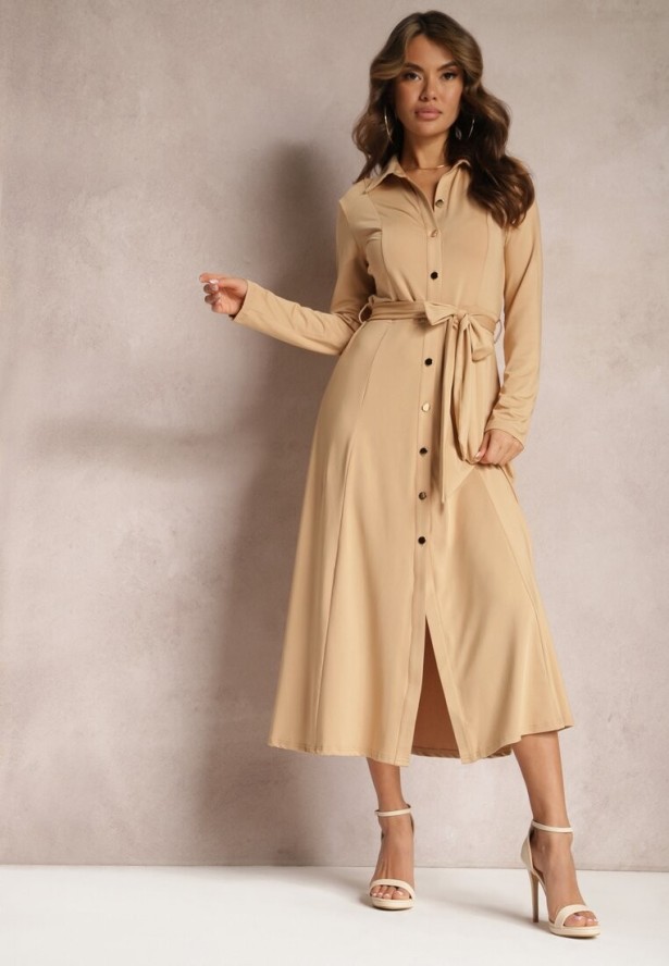Beżowa Długa Sukienka Koszulowa z Wiązaniem w Talii Levae