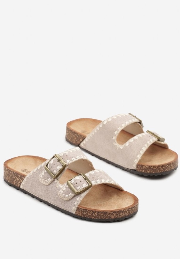 Ciemnobeżowe Klapki na Grubej Podeszwie z Korka ze Wzorem Boho Odrielle