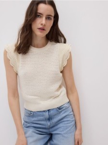 Dzianinowy top z bawełną - kremowy