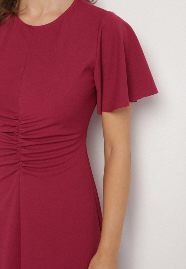 Bordowa Rozkloszowana Sukienka Ozdobiona Marszczeniem Odallica