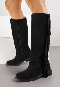 Czarne Kozaki z Imitacji Zamszu w Estetyce Boho Zdobione Frędzlami Vemarose