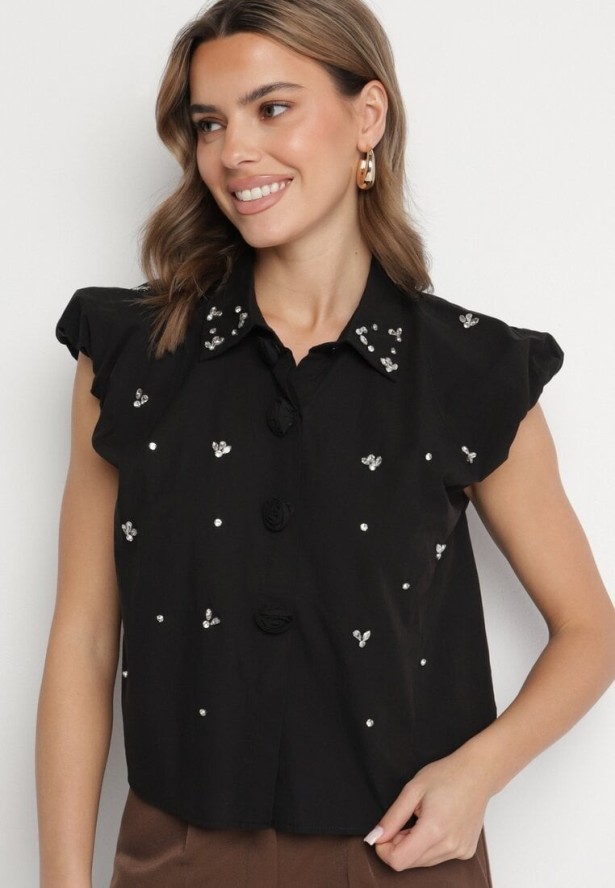 Czarna Bawełniana Koszula bez Rękawów z Cyrkoniami Aseki