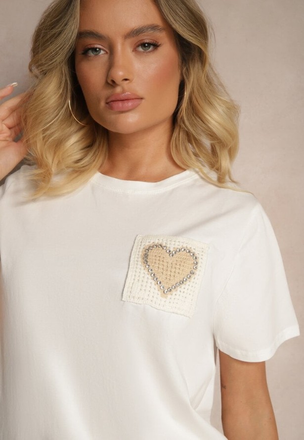 Biała Bawełniana Bluzka Ozdobiona Sercem z Cyrkonii Marionella