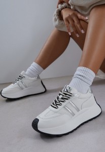 Białe Sneakersy Vices na Platformie z Metalicznymi Paskami Lenela