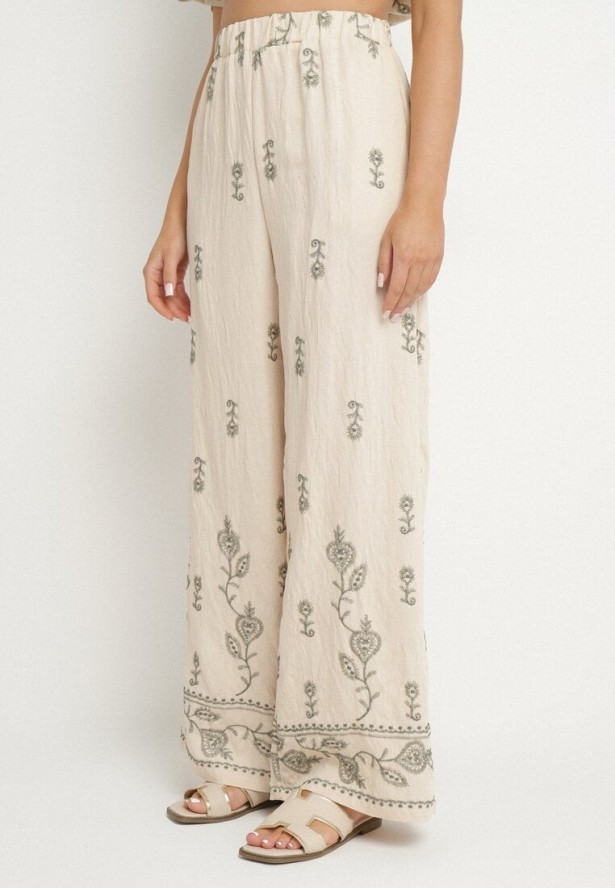 Beżowy Komplet z Wiskozy Zdobiony Haftem T-shirt i Szerokie Spodnie Tezonea