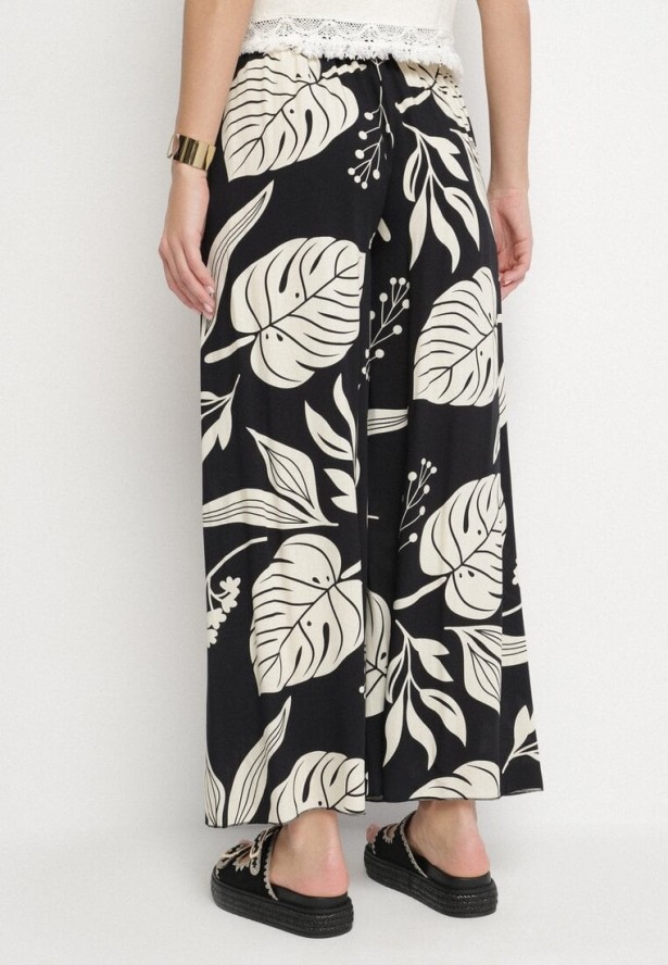 Czarne Spodnie w Kwiaty o Szerokim Kroju z Gumką i Paskiem Eledina