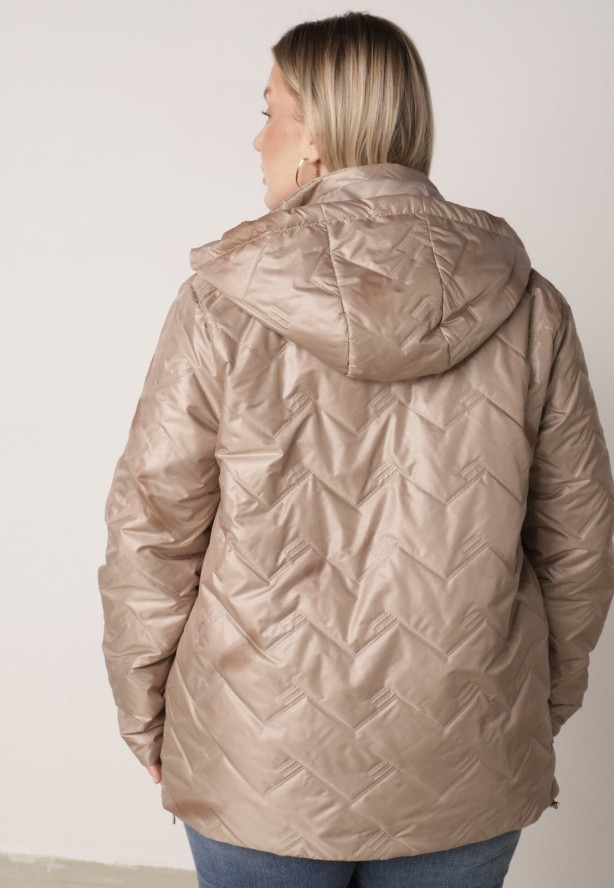 Ciemnobeżowa Pikowana Kurtka Przejściowa o Prostym Kroju z Kapturem Vimoris