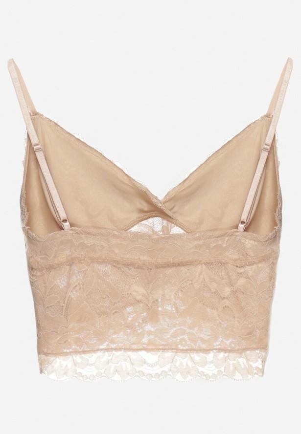 Beżowy Koronkowy Top na Ramiączkach z Dekoltem w Serek Pasmiriela