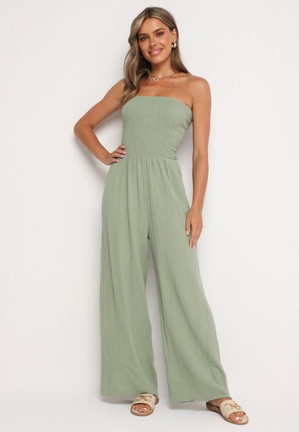 Jasnozielony Bawełniany Taliowany Kombinezon Góra Bandeau Wykończona Gumkami Moranna