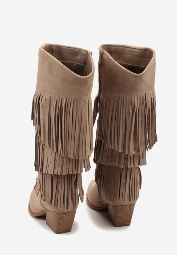 Ciemnobeżowe Kozaki Typu Kowbojki na Stożkowym Obcasie z Frędzlami Acirrive
