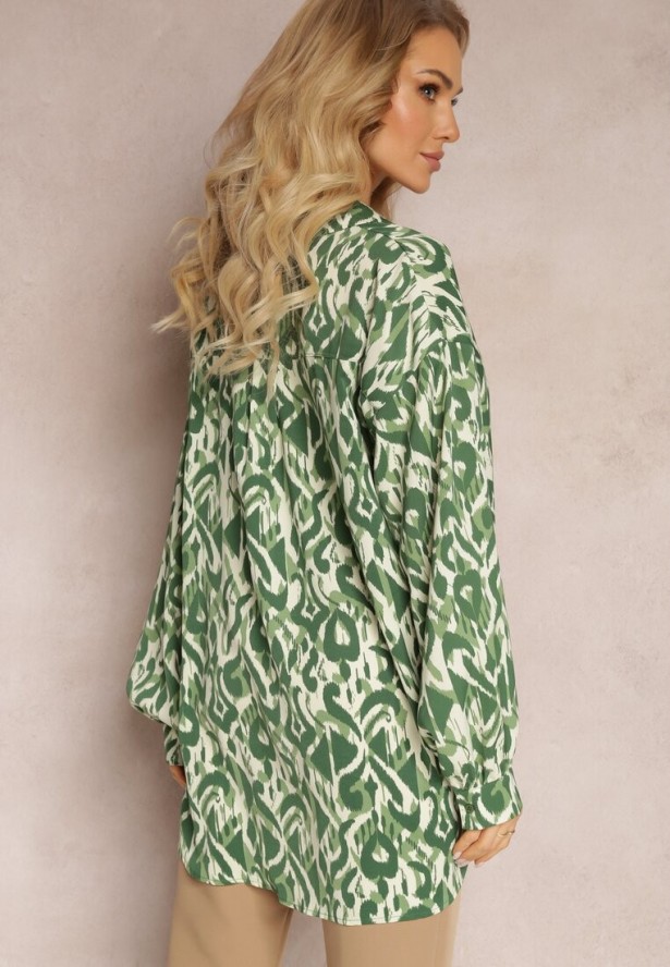 Zielona Koszula z Wzorzystego Materiału z Długimi Rękawami Cyllia