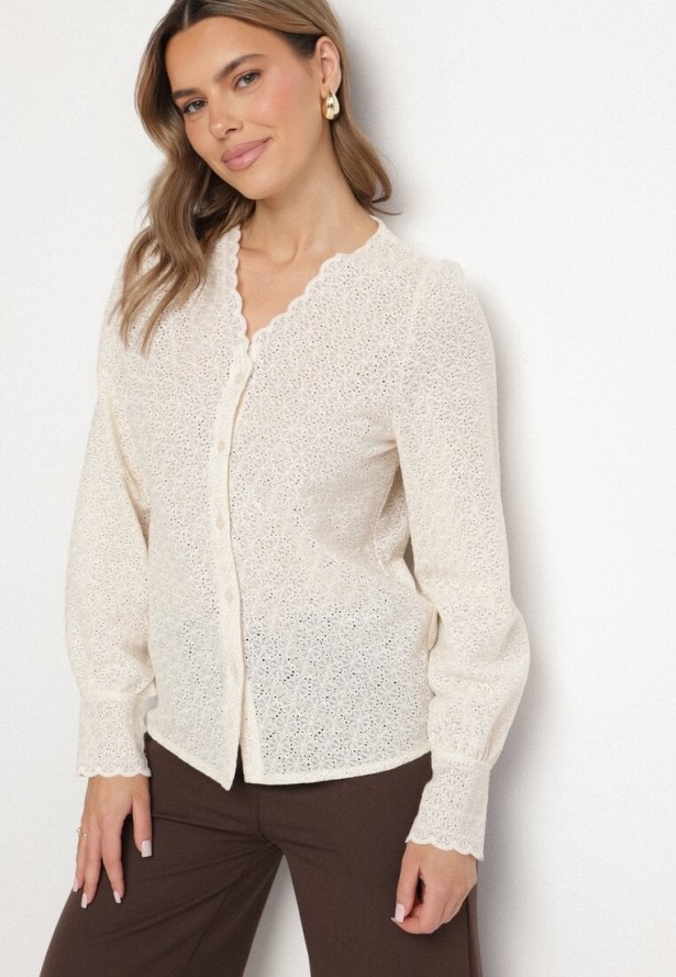 Jasnobeżowa Koszula Ażurowa z Bawełny Marilon