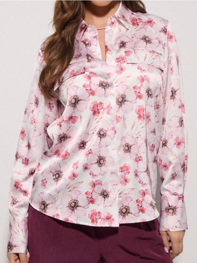 Satynowa koszula z kieszeniami w kwiaty - wielobarwny