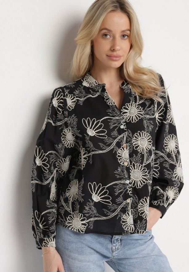 Czarna Bawełniana Koszula Zdobiona Haftem w Kwiatowy Wzór z Cekinami Gonirith