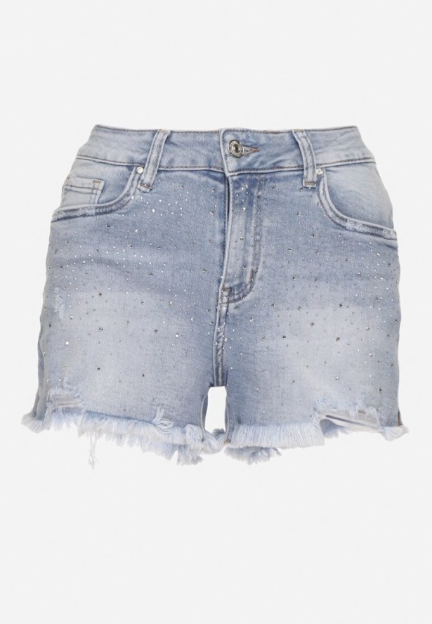 Niebieskie Jeansowe Bawełniane Szorty z Cyrkoniami Folorina