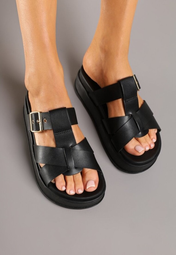 Czarne Klapki z Ozdobnymi Paskami i Kwadratową Klamrą Anisera