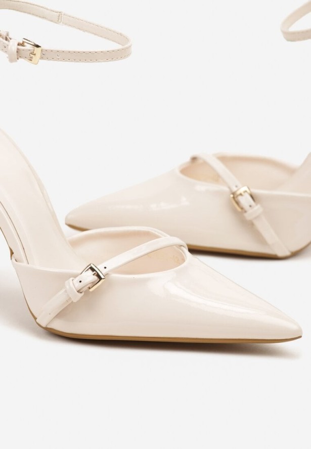 Beżowe Lakierowane Szpilki Vices Zdobione Paskiem z Klamerką Tilamea