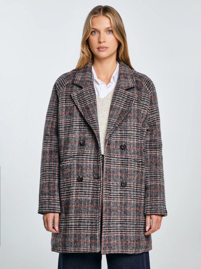 Płaszcz damski z dodatkiem wełny kratę szary Ariela 000
