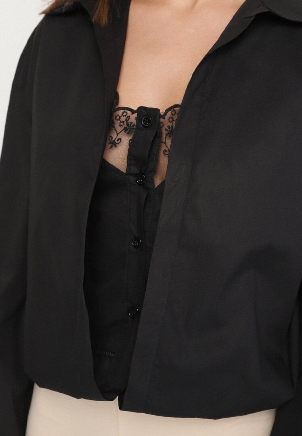 Czarna Bawełniana Koszula i Top na Ramiączkach Ozdobiona Koronką Odarriva