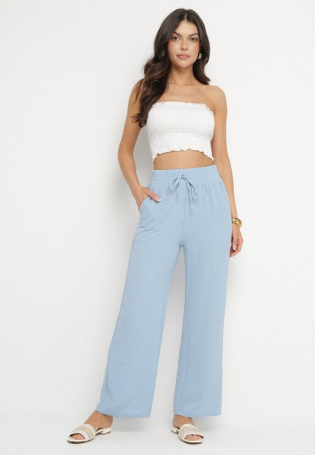 Jasnoniebieskie Spodnie o Szerokim Kroju z Wysokim Stanem i Gumką w Talii Saviellea
