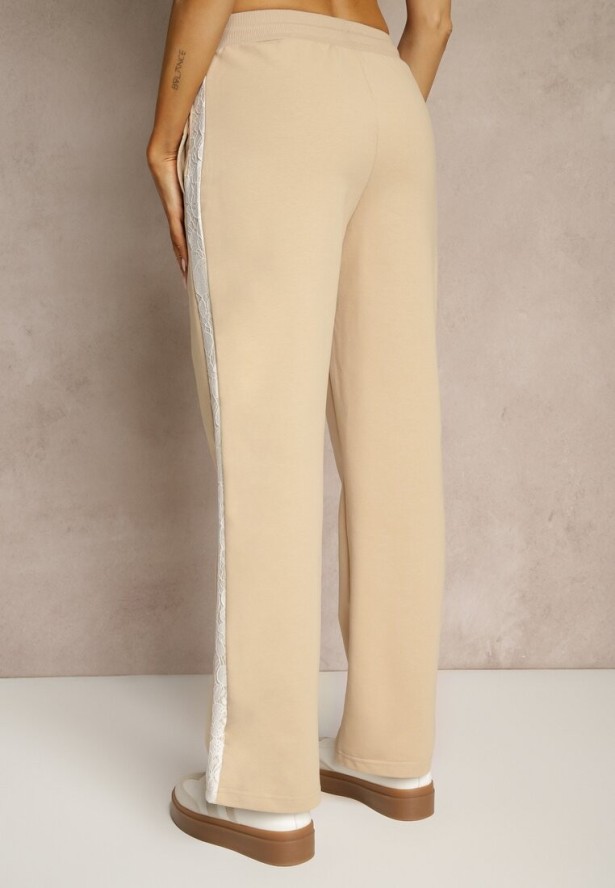 Beżowe Spodnie Dresowe z Bawełną High Waist i Koronkowymi Lampasami Eviariel