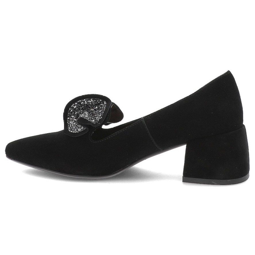 Czółenka damskie S. Barski, na klocku zamszowe z ozdobą i noskiem w szpic, czarne-srebrne, MR52-181