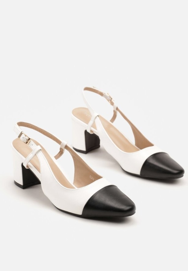 Czarno-Białe Sandały ma Kwadratowym Słupku ze Sprzączką i Noskiem z Detalem Tuvea