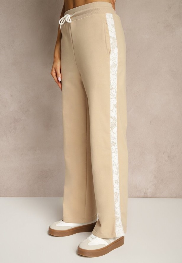 Beżowe Spodnie Dresowe z Bawełną High Waist i Koronkowymi Lampasami Eviariel