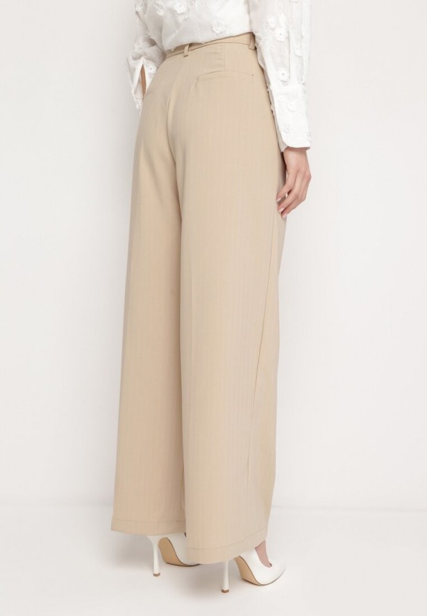 Beżowe Spodnie w Stylu Pallazo z Prostymi Szerokim Nogawkami w Delikatne Paski Ledanne