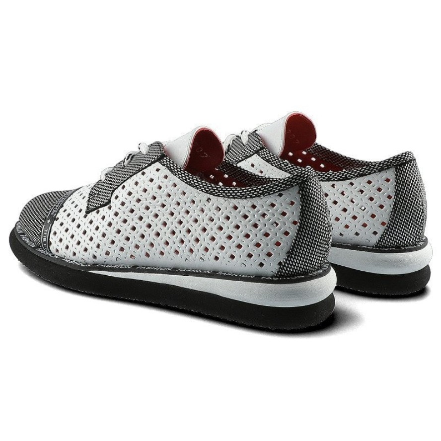 Półbuty damskie Lanqier, wykonane z materiału o otwartej ażurowej strukturze z kontrastowymi wzmocnieniami z klasycznym sznurowaniem, białe, 46C2339