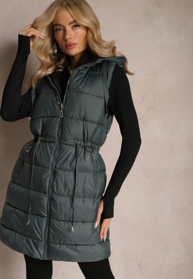 Ciemnozielona Pikowana Kamizelka Dwustronna z Troczkiem w Pasie o Wydłużonym Fasonie Selinorda