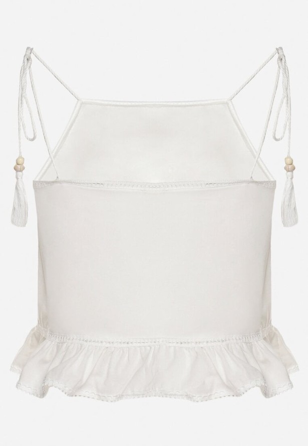 Biała Bawełniana Bluzka Ozdobiona Frędzlami Falbanką i Haftami Milorea