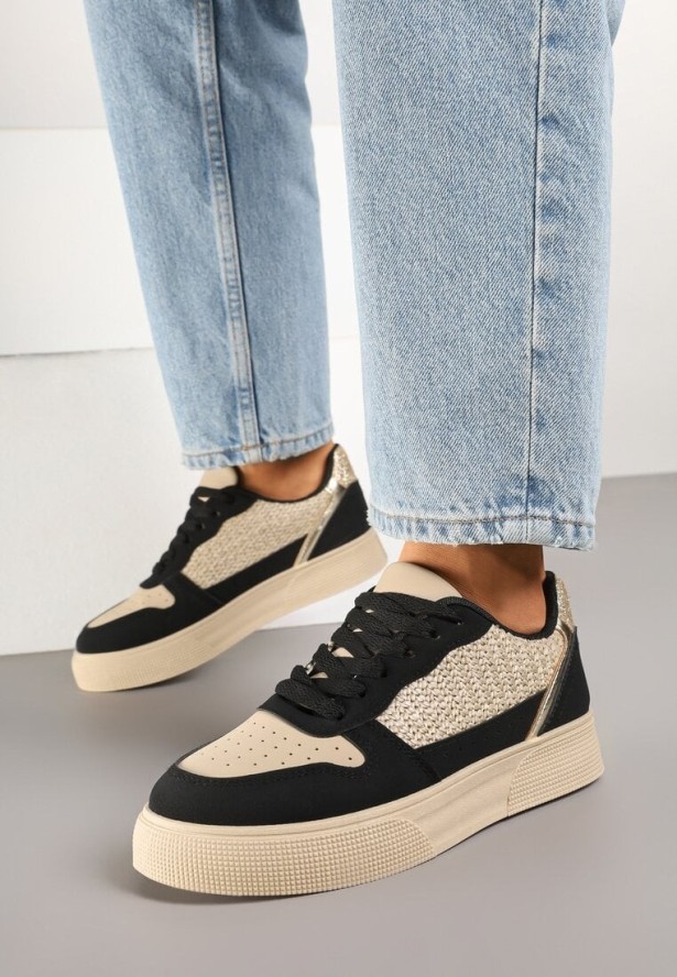 Beżowo-Czarne Sneakersy na Grubej Podeszwie z Brokatem Perforacją i Plecionką Mirreina