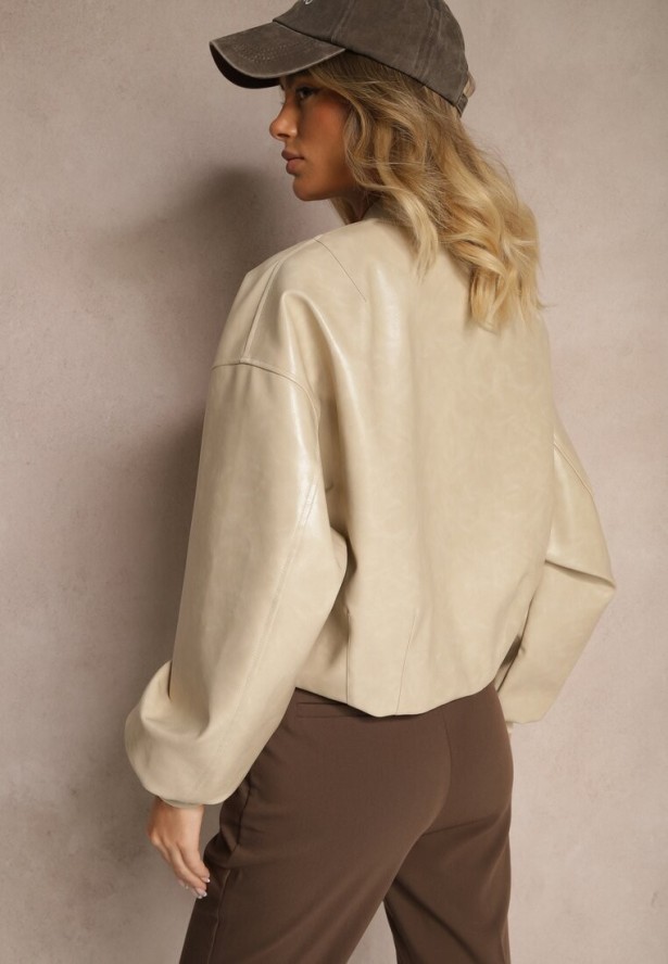 Jasnobeżowa Kurtka Bomberka z Wiskozą z Imitacji Skóry Erivessa