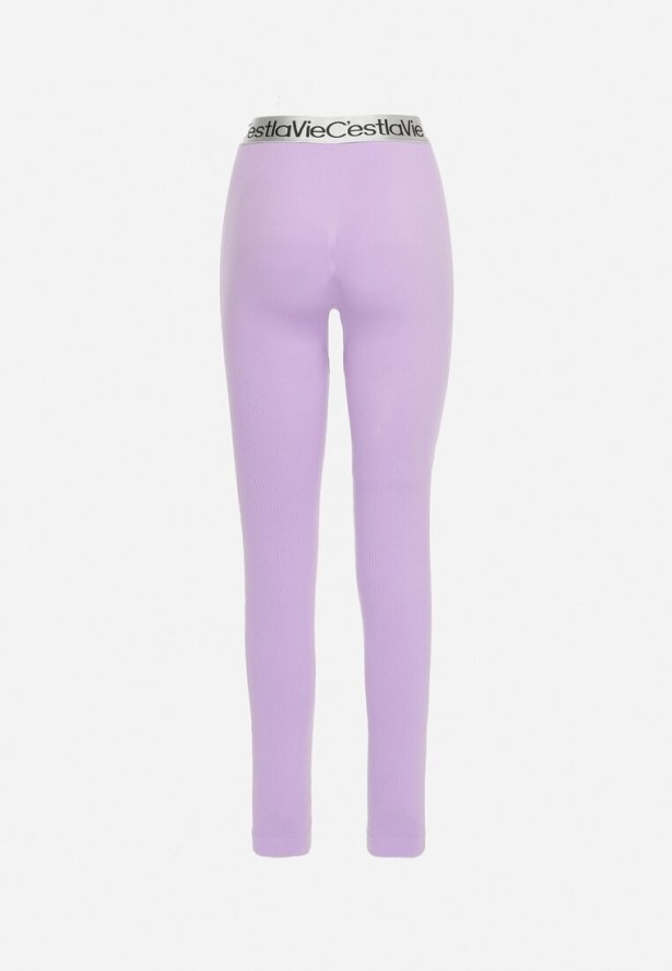 Jasnofioletowe Elastyczne Legginsy z Szeroką Gumą w Pasie Rindama