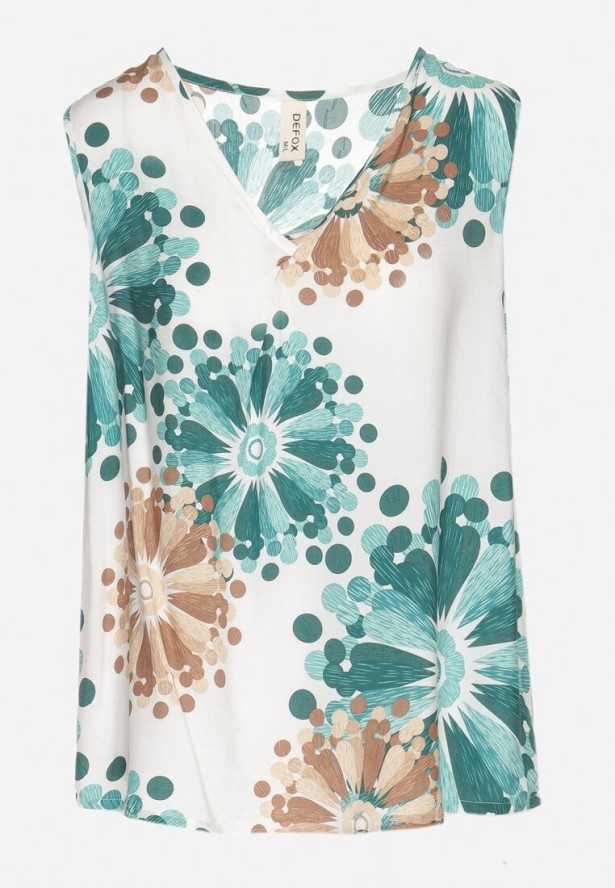 Zielono-Beżowa Bluzka Top z Bawełny z Motywem Kwiatowym Ameliene