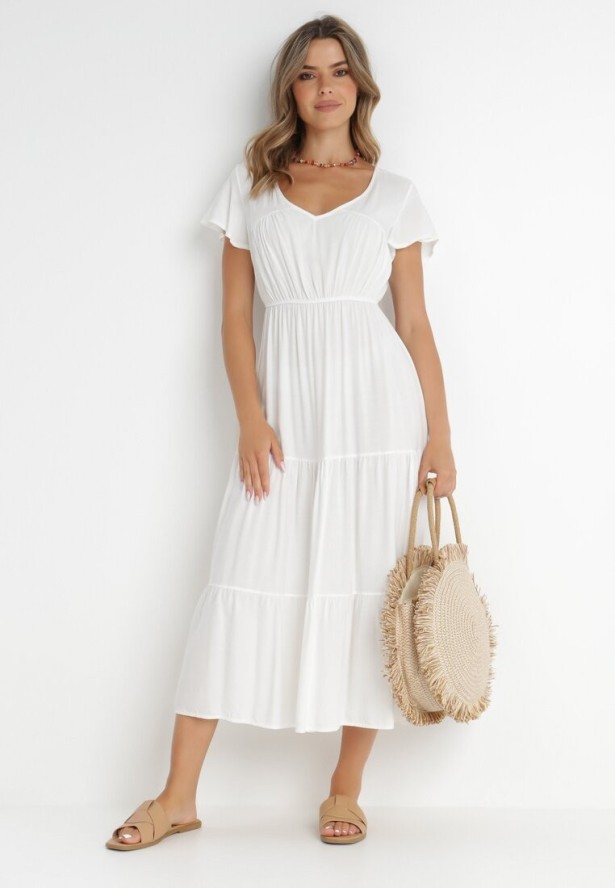 Biała Sukienka z Wiskozy o Rozkloszowanym Kroju Folky
