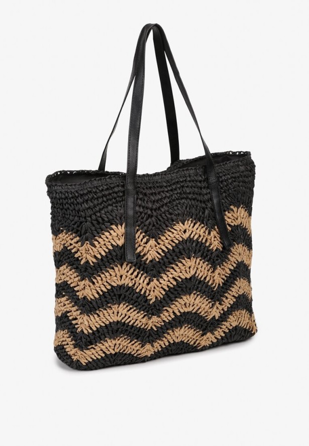 Czarno-Beżowa Torebka na Rączkach w Stylu Boho i Plecionki Torpia