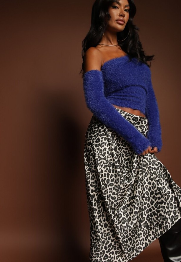 Czarno-Biała Spódnica High Waist ze Zwierzęcym Printem i Gumką w Talii Dimella