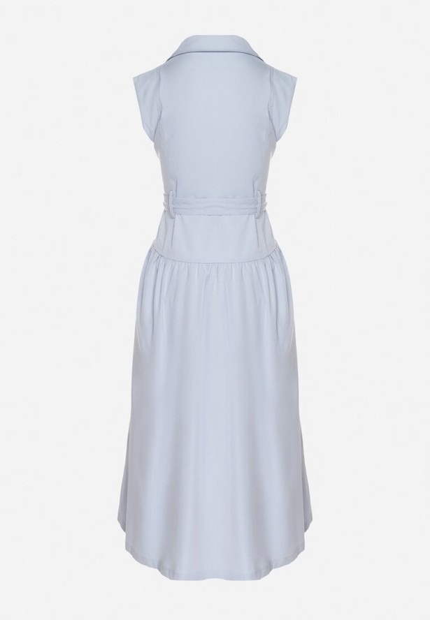 Niebieska Sukienka Koszulowa Ozdobiona Paskiem Devikka