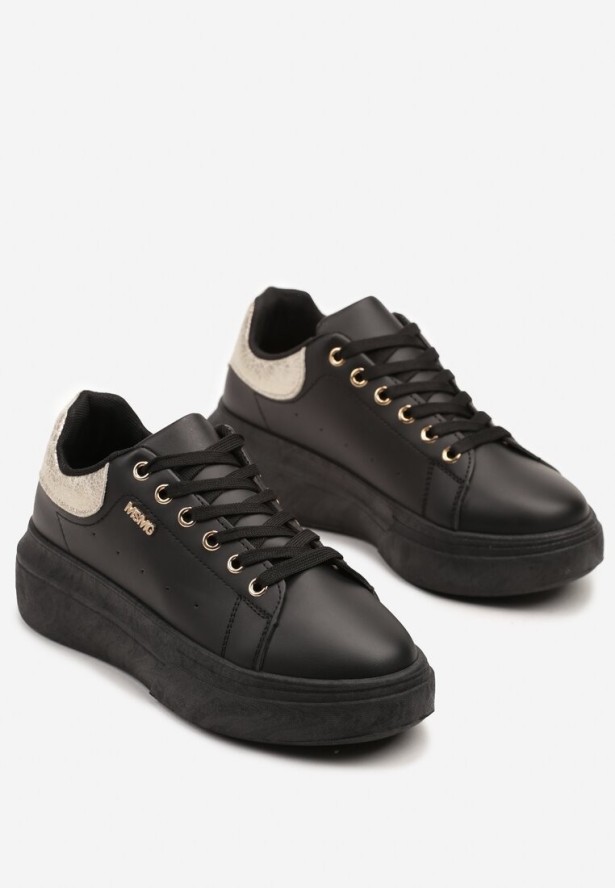 Czarno-Złote Sneakersy na Niskim Koturnie Zdobione Metalicznymi Wstawkami Alirisa