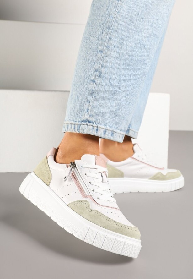 Biało-Zielone Sneakersy Skórzane z Ozdobnym Suwakiem Tillirella